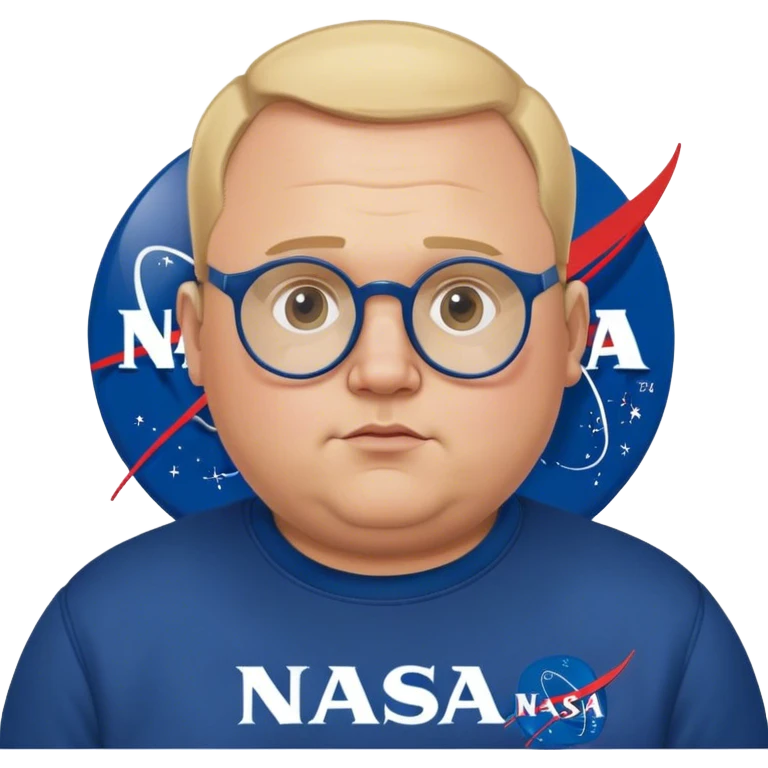 miffed chubby man, with blond short receding hairline, wears a dark blue nasa sweatshirt, nasa logo on the breast, round glasses, 40 years old emoji