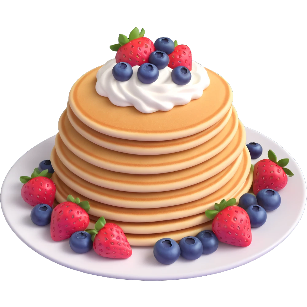 plate of pink pancakes with strawberries, blueberries, and whipped cream, shiny and smooth, detailed and vibrant emoji
