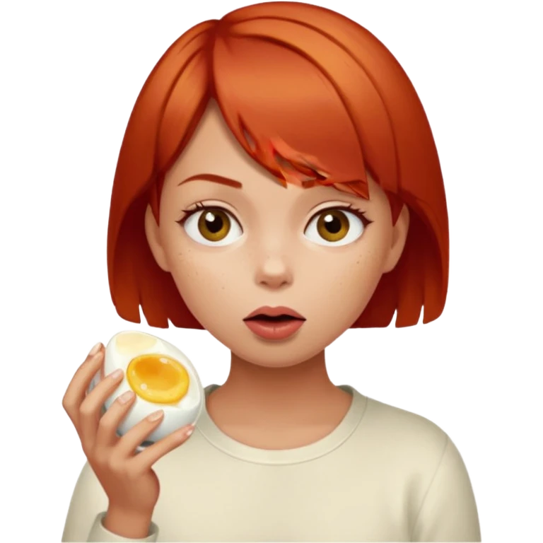 Girl with short red hair eating boiling egg emoji