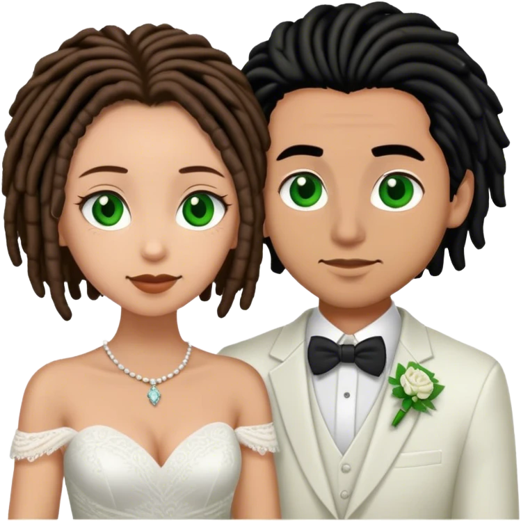 Couple lightskinned man with short brown dreads and green eyes. light skinned woman with black hair and brown eyes getting married emoji