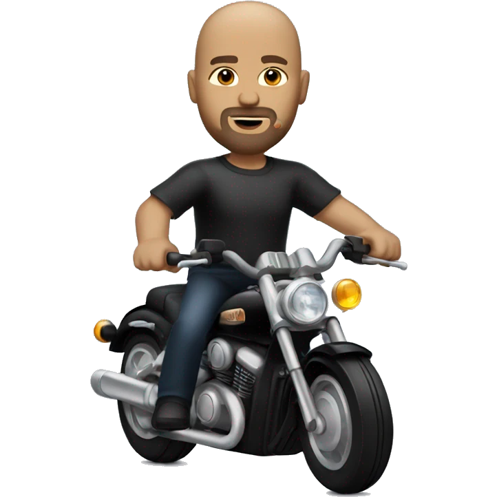 Bald headed white man with goatee riding on a black motorcycle  emoji