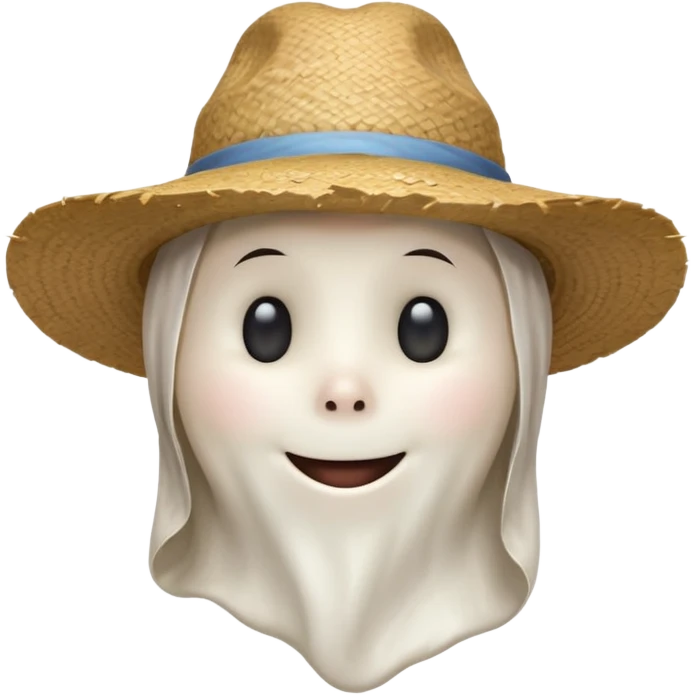 friendly ghost farmer portrait, head and shoulders only, straw hat, soft pale glow, gentle smile, cute cracked texture (not scary), cozy village vibe, warm lighting, 3D cartoon, mobile game icon style, clean background, no text, no watermark
 
 emoji