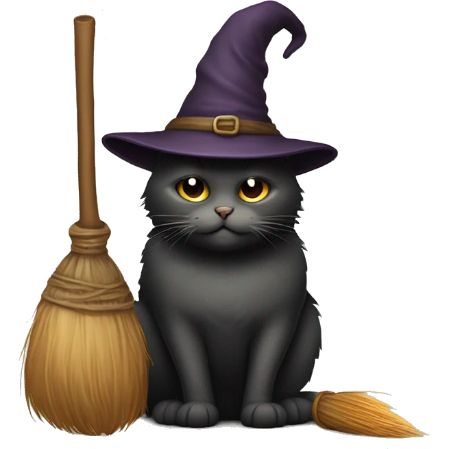 Dark fat cat wearing old witches hat, holding a broomstick by a potted plant  emoji