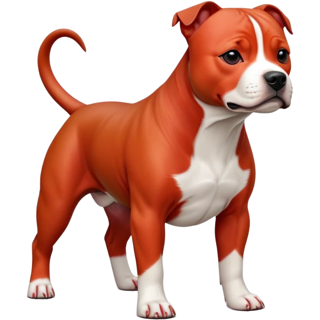 cinematic-[Staffordshire bull terrier]-realistic-full-body-standing-emoji,-tail-resting-loosely-beside-its-paws,-head-tilted-dramatically, -sleek-[red and white]-fur,-simplified-yet-realistic-focused-features,-highly-detailed,-glowing-with-an-almost-sarcastic-glow emoji