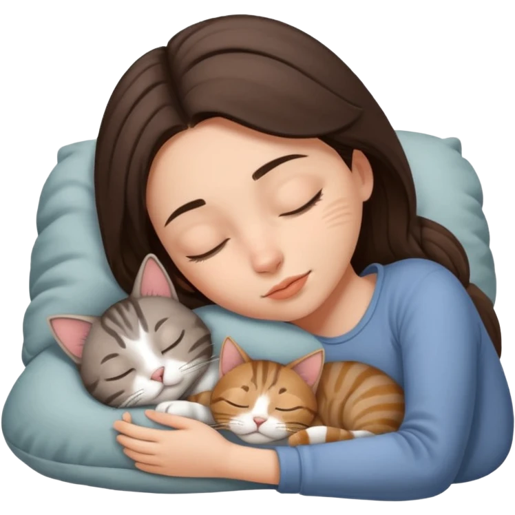 Brunette girl sleeping with gray tabby cat emoji