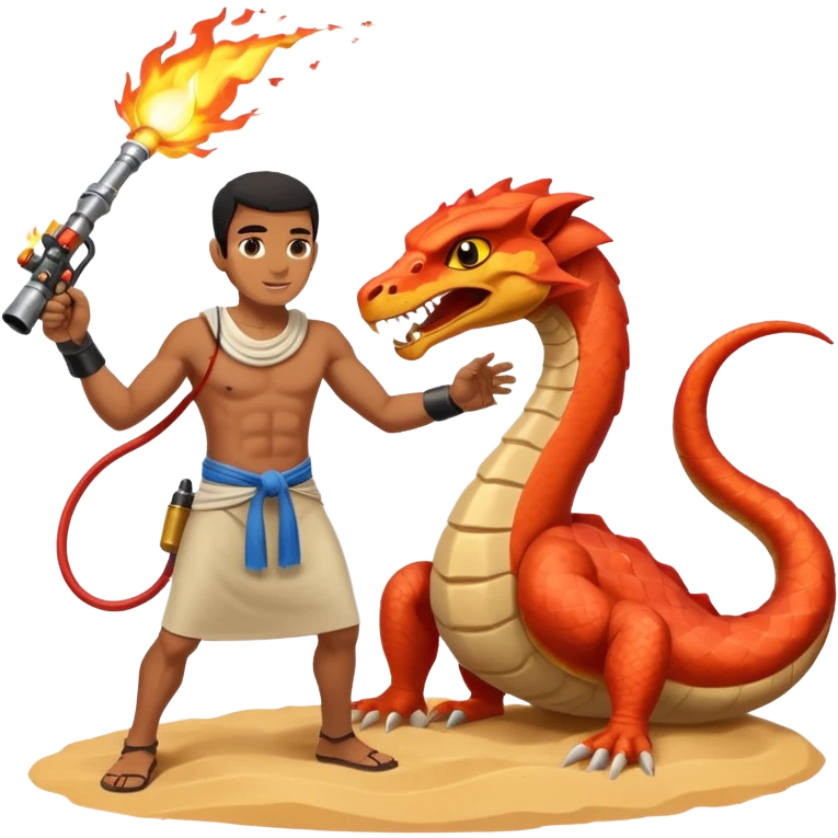 an egyptian man fighting a sand viper using a flamethrower emoji
