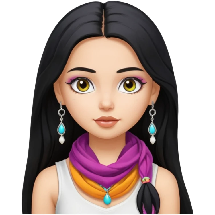 a pretty bratz girl with long black hair, kajal under eyes, small silver jhumkas. White tank top on. Colourful scarf around neck emoji