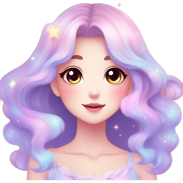 Gorgeous pastel anime style lady blushing nebula-gradient-sparkle face dreamy idol model colorful shiny stars galaxy kawaii cottagecore pearly petite simplistic aesthetic trending style emoji
