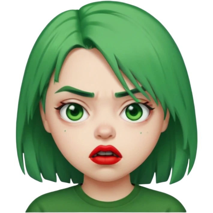girl with green hair like Billie Eilish and red lipstick, angry expression emoji