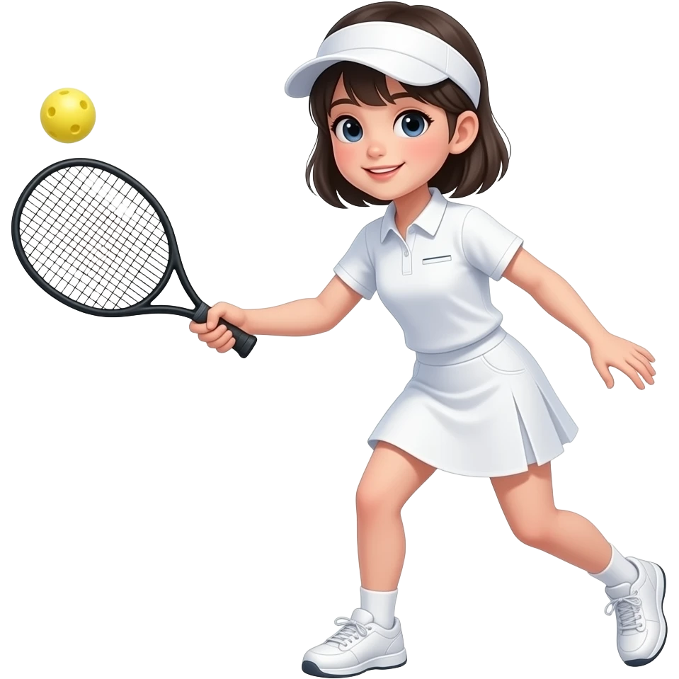 short haired asian girl wearing sun visor, white polo shirt, white skirt, and playing pickleball with plain paddle emoji