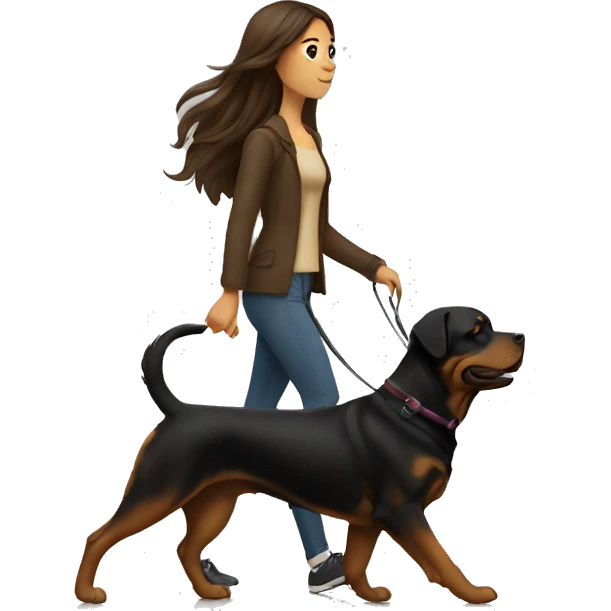 A woman with long brown hair takes a Rottweiler for a walk  emoji