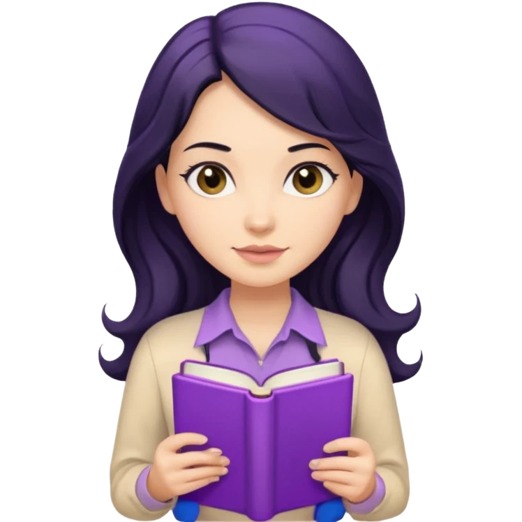 Long Hair Women with purple Book, Black wavy hair, beige shirt emoji