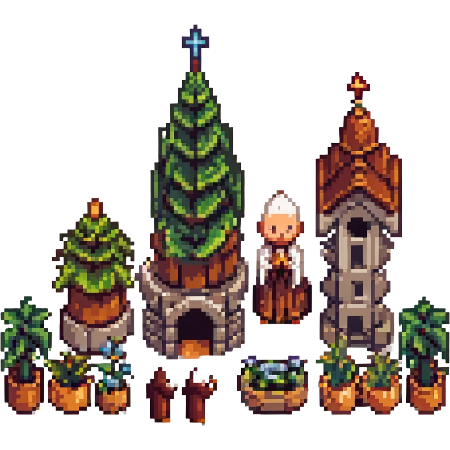 medieval monastery, pixel art style, building with towers, pixelated monks, garden, period setting emoji