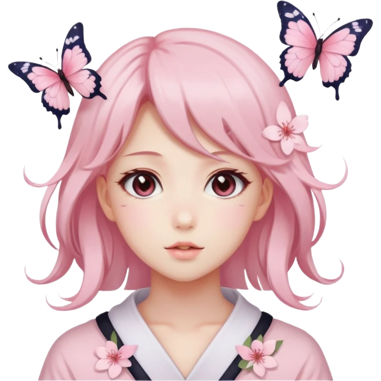 A Gorgeous Beautiful Anime Lady Sakura Cherry Blossom and Pretty Hair, pastelcore aesthetic, pastel pink and white, butterfly emoji