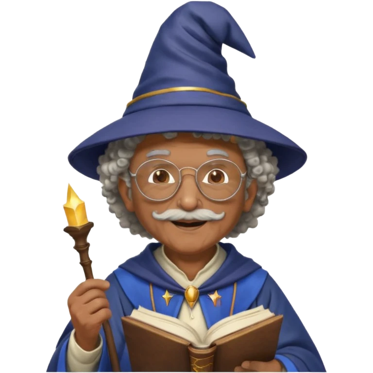 A Joyful Elderly Male with Brown skin and Curly hair, wearing a Traditional outfit, a Wizard hat, Sunglasses, carrying a Spellbook, working as a farmer, while drinking Coffee and reading a Textbook. emoji