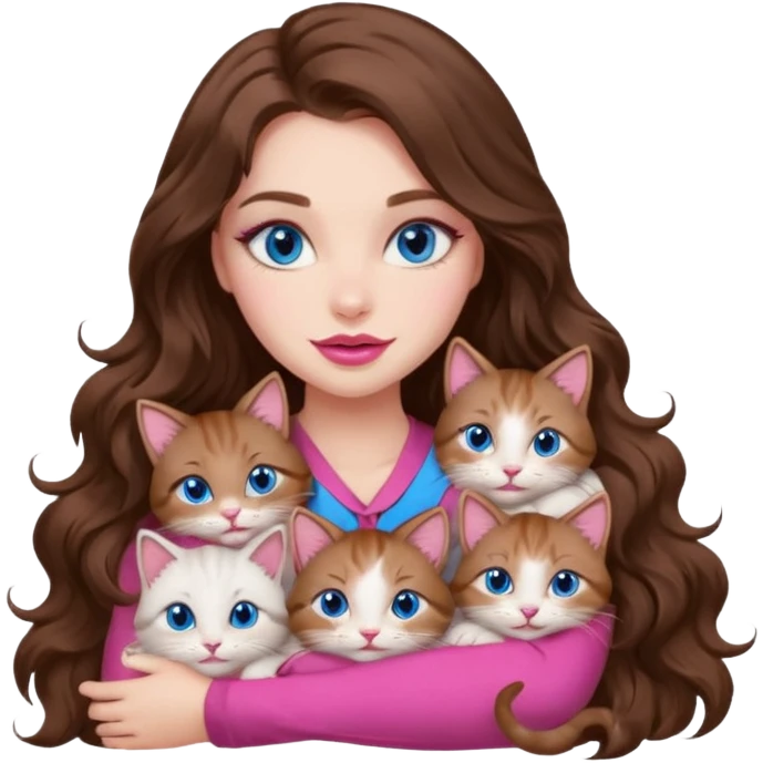 girl with long wavy brown hair, blue eyes, long lashes makeup, sexy pink lips, cuddling with 6 cats emoji