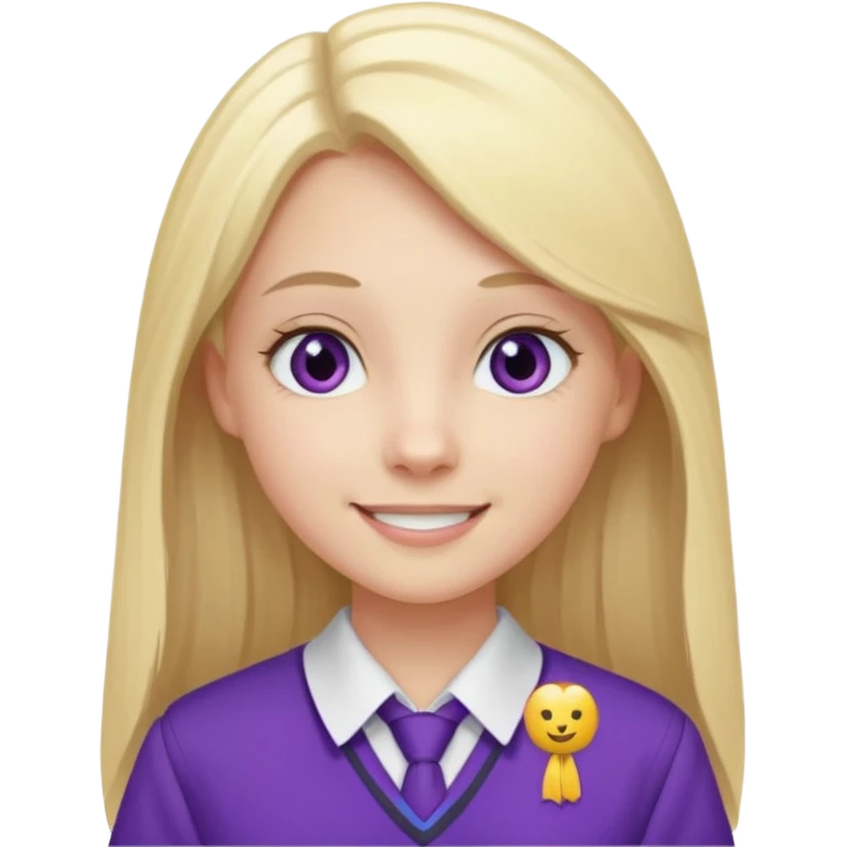 A pale girl with gray eyes and long and blonde straight hair , smiling wearing a purple school uniform  emoji
