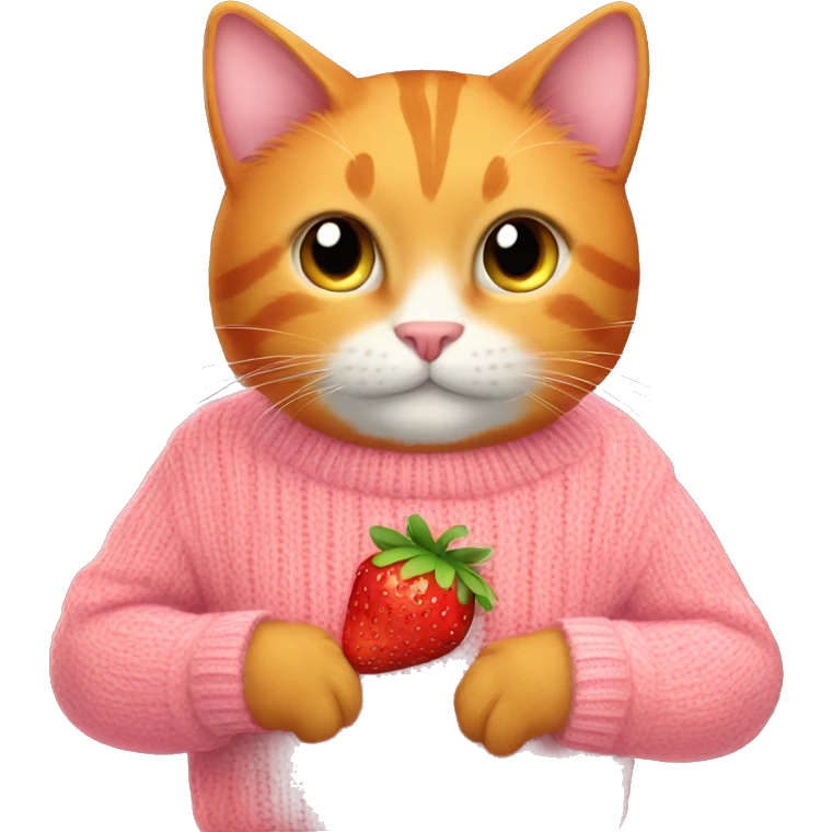 Orange cat wear sweater pink and hold strawberry emoji