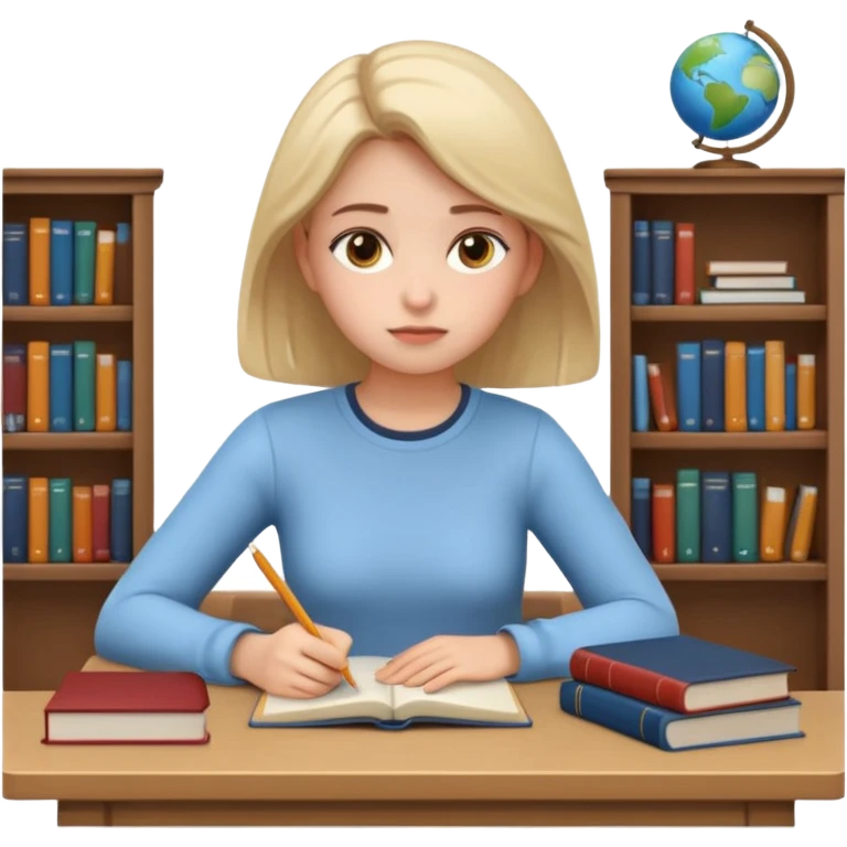 3D emoji style sticker, young woman, white background, sitting at a table with books and a notebook, calmly studying, thoughtful and slightly serious expression, slow focused learning mood, casual outfit, soft lighting, minimalistic, clean astrology emoji style emoji