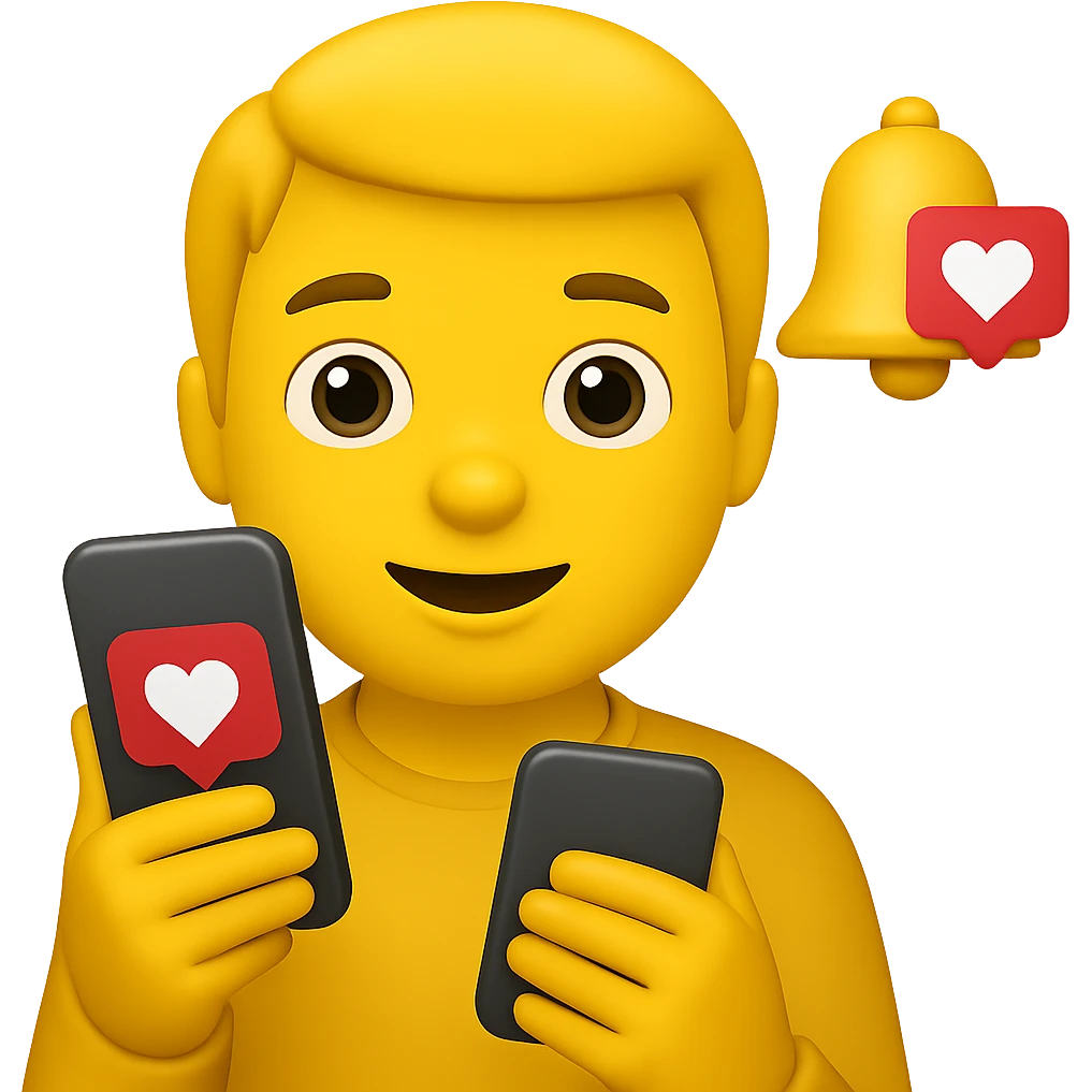 Add a notification bell with a heart to the classic yellow emoji, keeping the background transparent. The emoji should be holding a smartphone with social media notifications, maintaining the classic yellow emoji style. emoji