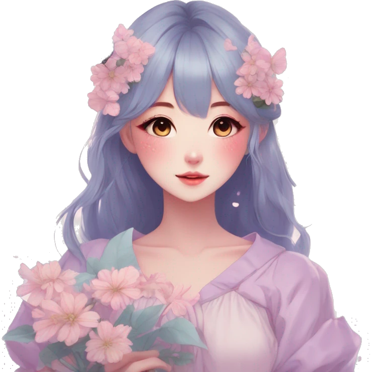 Gorgeous Pastel Anime-Style Lady With Butterflies on face and flower petals around cottage core pastelcore kawaii aesthetic trending style emoji