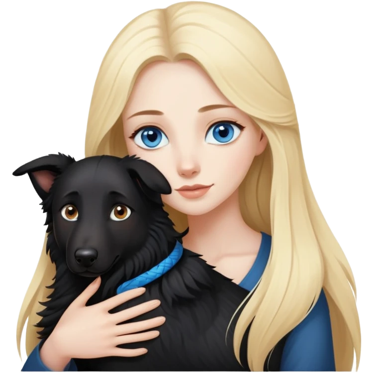 pretty woman with pale skin and who has BLUE eyes and very long blonde hair and is  hugging a black shepherd dog. The dog has brown eyes but the woman has blue eyes.  emoji