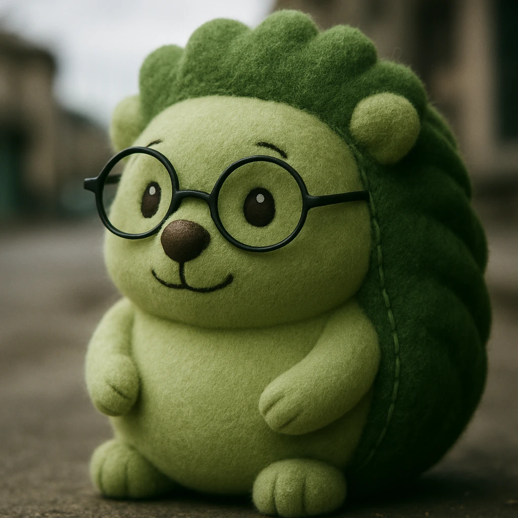 Add glasses to the green hedgehog, soft and cute style, in Plush Portrait style, with glasses. emoji