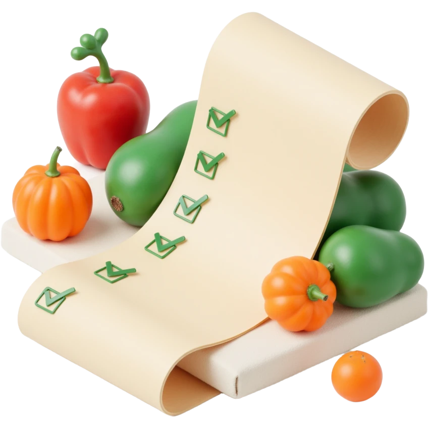 floating rolled paper list with green checkboxes and around vegetables emoji