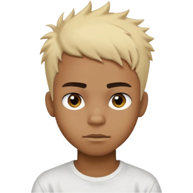 Black Male Teenager with Short punk messy blonde hair, Dark brown bushy eyebrows large expressive golden-brown eyes, wearing a plain white t-shirt, Dark Brown skin color. emoji