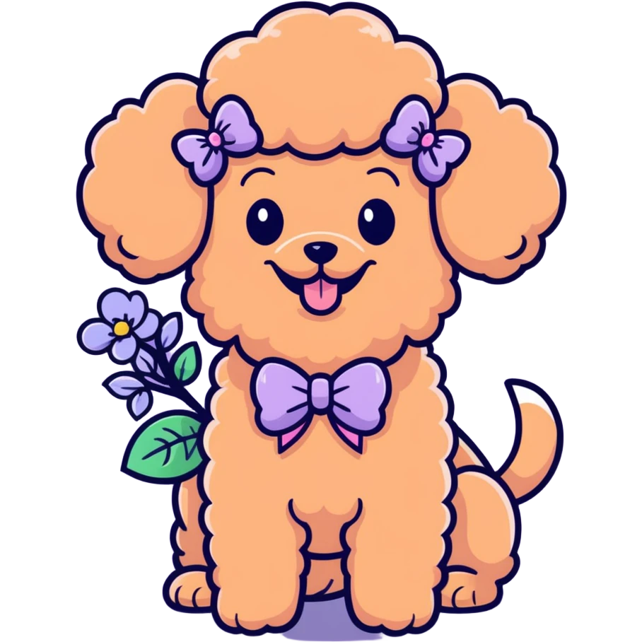 Peach-colored poodle with a narrow, short-haired face, hairstyle like Artemone. Long fluffy ears, each with a thin braid tied with a pink bow at the end. Happy face, smiling. A lilac branch in the mouth. emoji
