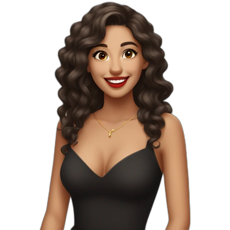 young moroccan woman with dark brown eyes, brown long curling hair with lighter tips, red lips, big smile, cleavage black dress emoji