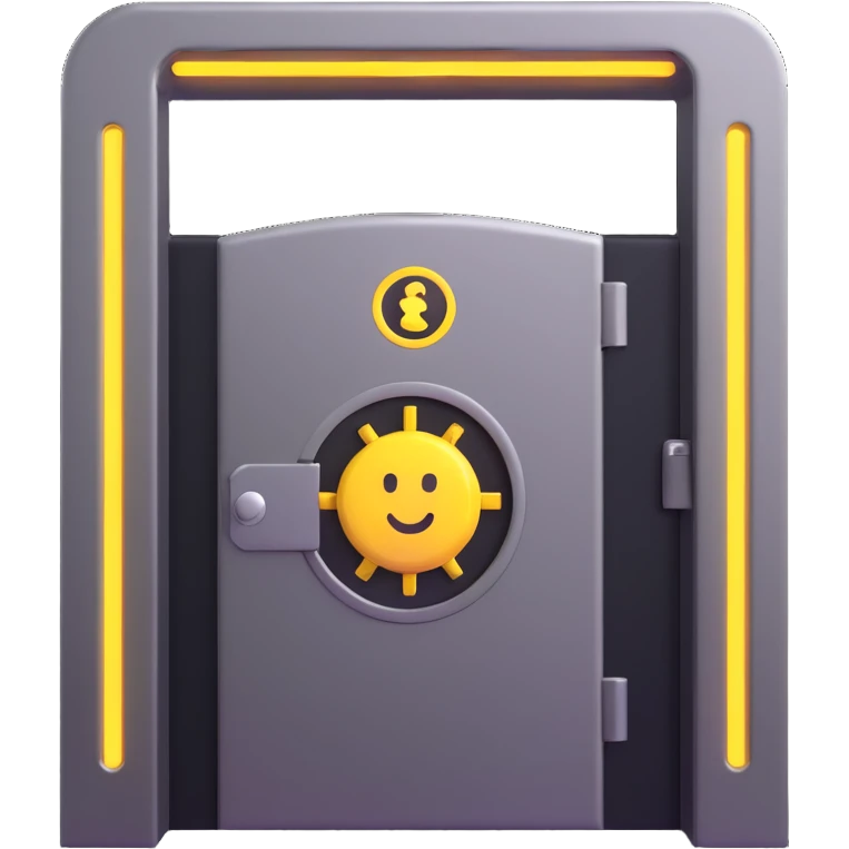 bank emoji with robotic vault door, chrome details, neon highlights, virtual bank emoji