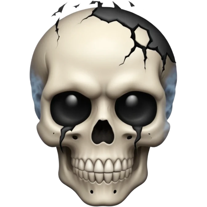 iOS style emoji, dark fantasy skull, cracks, black smoke from eyes, soft light, stylized emoji