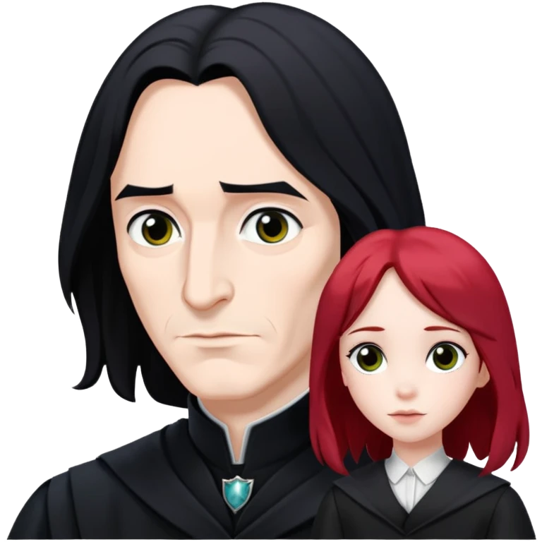 Severus Snape with black hair looking at a photo of Lily with red hair emoji