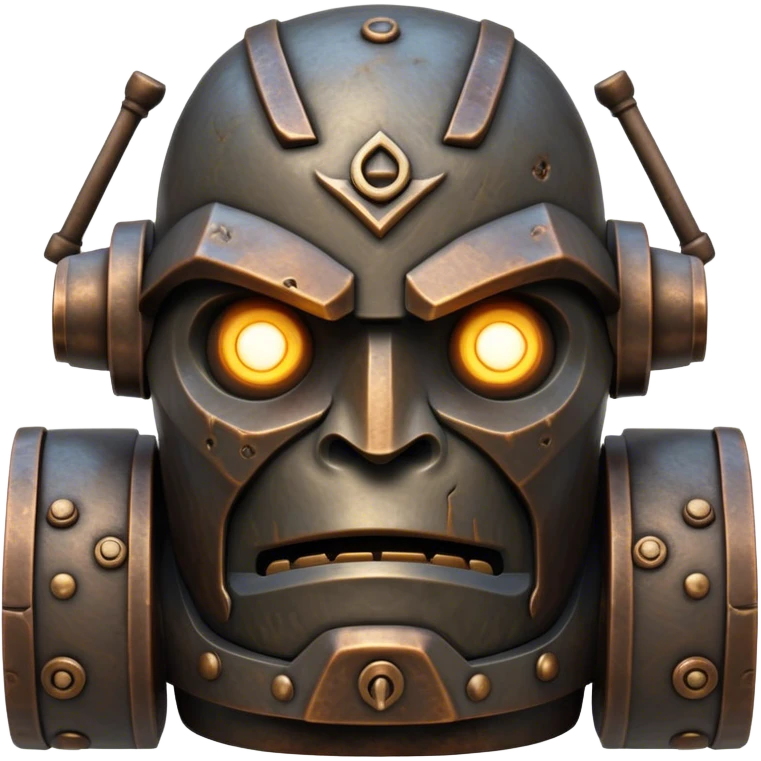 Cinematic Noble Mighty Iron Golem Portrait Emoji Poised and imposing, with a towering, metallic form forged from intricately detailed plates of burnished steel and ancient bronze, etched with faint traces of runes and weathered marks of time. Its piercing, glowing eyes radiate unwavering resolve, casting a solemn and commanding presence; rendered with lifelike texture and natural metallic highlights, high shine, elegant yet indomitable, styled with an aura of legendary endurance, focused and resolute, soft glowing outline, capturing the essence of an eternal guardian, standing vigilant and immovable as if ready to awaken at any moment with unstoppable might! emoji