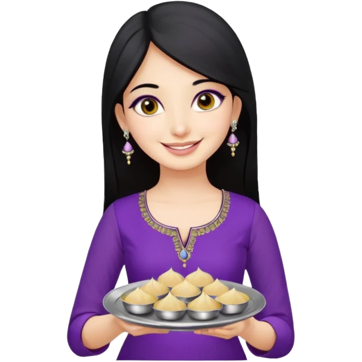 a pretty bratz girl with straight black hair, wearing a purple kurti, silver jhumkas, eyeliner, carrying a plate of momos. No necklace or bindi emoji