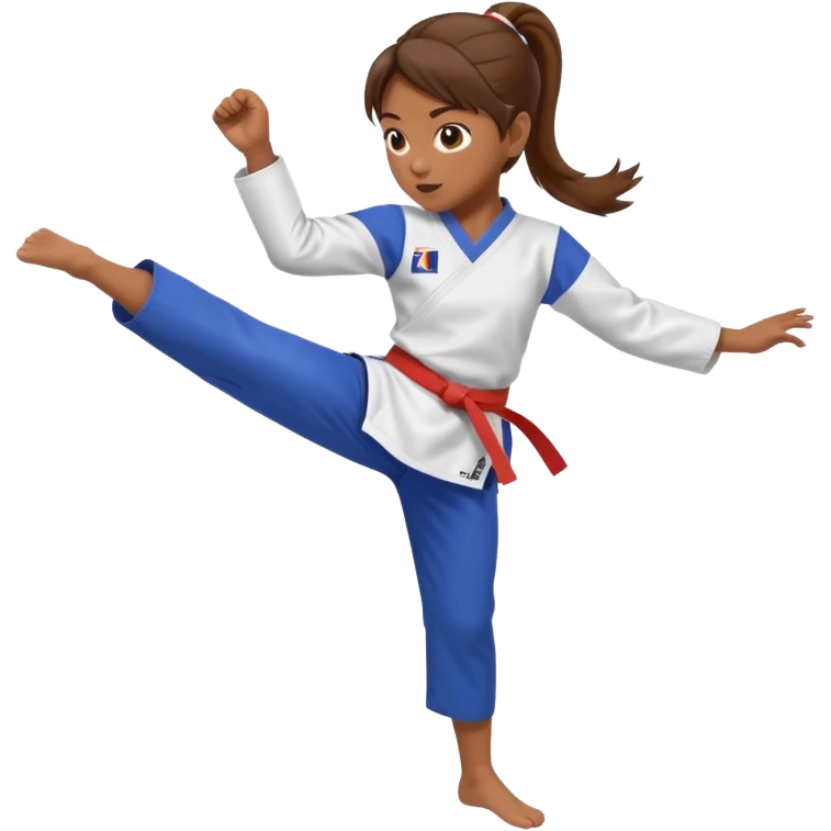 brown-skinned girl with brown hair in a ponytail in a taekwondo uniform, kicking emoji