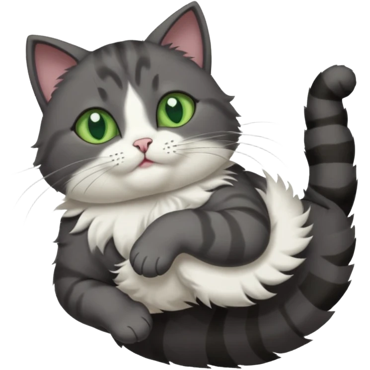 dark grey cat with green eyes, white toes/paws and white patch on her chest playfully rolling upside down emoji