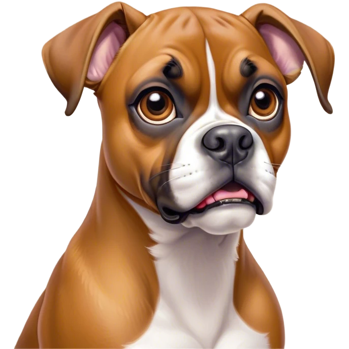Cinematic Comical Fawn Boxer dog Portrait Emoji, Head tilted dramatically with an exaggeratedly shocked or offended expression, featuring a sleek fawn Fur with a distinctive white muzzle, wide, expressive brown eyes filled with exaggerated disbelief, Simplified yet hilariously expressive features, highly detailed, glowing with a slightly sassy glow, high shine, dramatic yet playful, stylized with an air of attitude, bright and endearing, soft glowing outline, capturing the essence of a sassy and over-the-top guardian, so meme-worthy it feels like it could side-eye its way into internet fame instantly! emoji