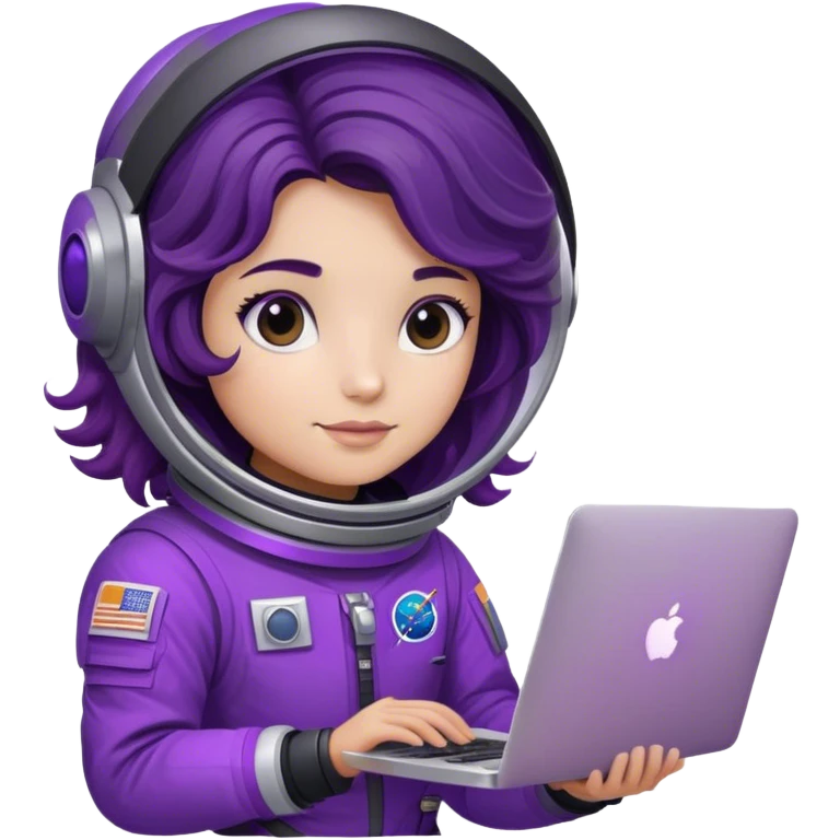 astronaut with purple suit, ombre black/brown wavy hair and a macbook emoji
