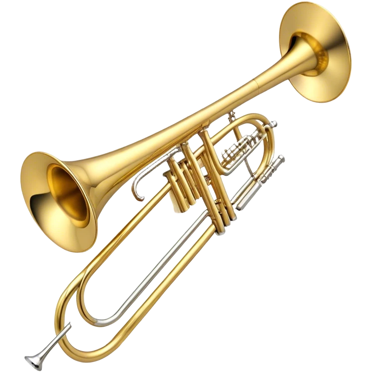 Create an elegant and detailed emoji representing the Bach Bb/F tenor trombone. The design should feature the smooth, shiny brass body of the trombone, showcasing its large, flared bell and curved tubing. Highlight the tuning slide with its polished metal finish, and the mouthpiece should be clearly visible. The trombone’s surface should have a gleaming brass tone with subtle silver accents around the mouthpiece and slide. Add a few musical notes or soundwaves emanating from the bell to emphasize the powerful sound of the trombone. Use golden and brass tones with reflective light effects to enhance the trombone’s professional and high-quality appearance. The background should be transparent. emoji