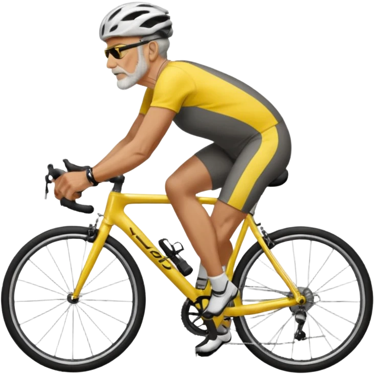 emoji of a 60-year-old man, about 200 lbs, no beard, no eyeglasses, in loose cycling clothes, yellow and black top, straddling a grey road bike, graphic design, adding a background of a road in a neighborhood or highway emoji