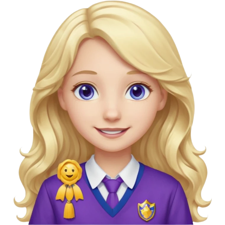 A pale girl with blue eyes and long and blonde , wavy hair , smiling wearing a purple school uniform  emoji