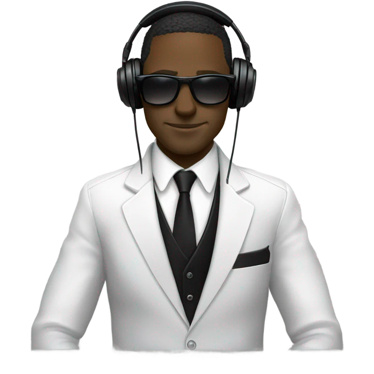 White Man with sunglasses DJ black jacket skinny tie headphones scratching records spinning records emoji