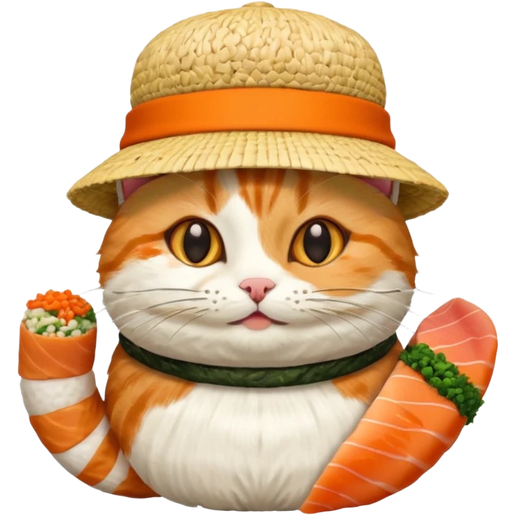 happy cat wearing a hat made out of sushi emoji