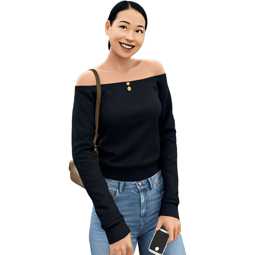 smiling girl outdoors with phone emoji