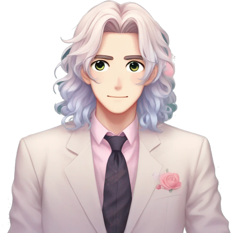 Gorgeous romantic hot attractive anime style modern gentlemanly anime shojo guy with long pretty lustruous hair and colorful eyes and blushing face aesthetic trending style  pastelcore cottagecore kawaiicore emoji