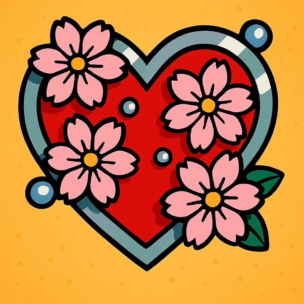 Make the silver details on the heart with sakura more prominent in vibrant toon style. emoji