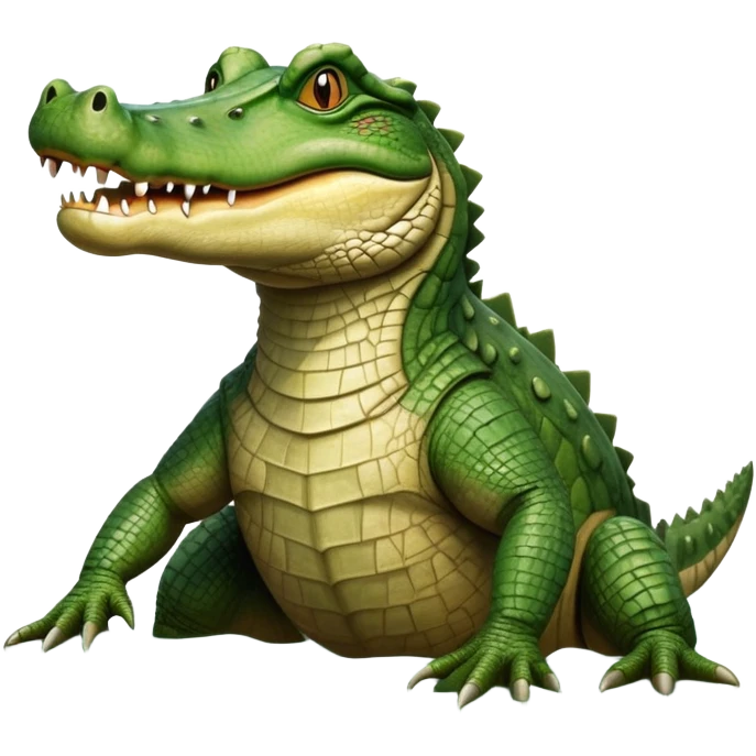 cinematic-crocodile-realistic-full-body-on all fours-emoji,-massive-scaled-body-partially-submerged-in-shallow-water,-head-tilted-dramatically,-rough-green-and-brown-hide-textured-with-deep-ridges,-simplified-yet-realistic-focused-features, head held high emoji