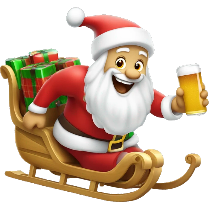 Excited  white skin Santa sticking out tongue while riding and holding beer on the sled emoji
